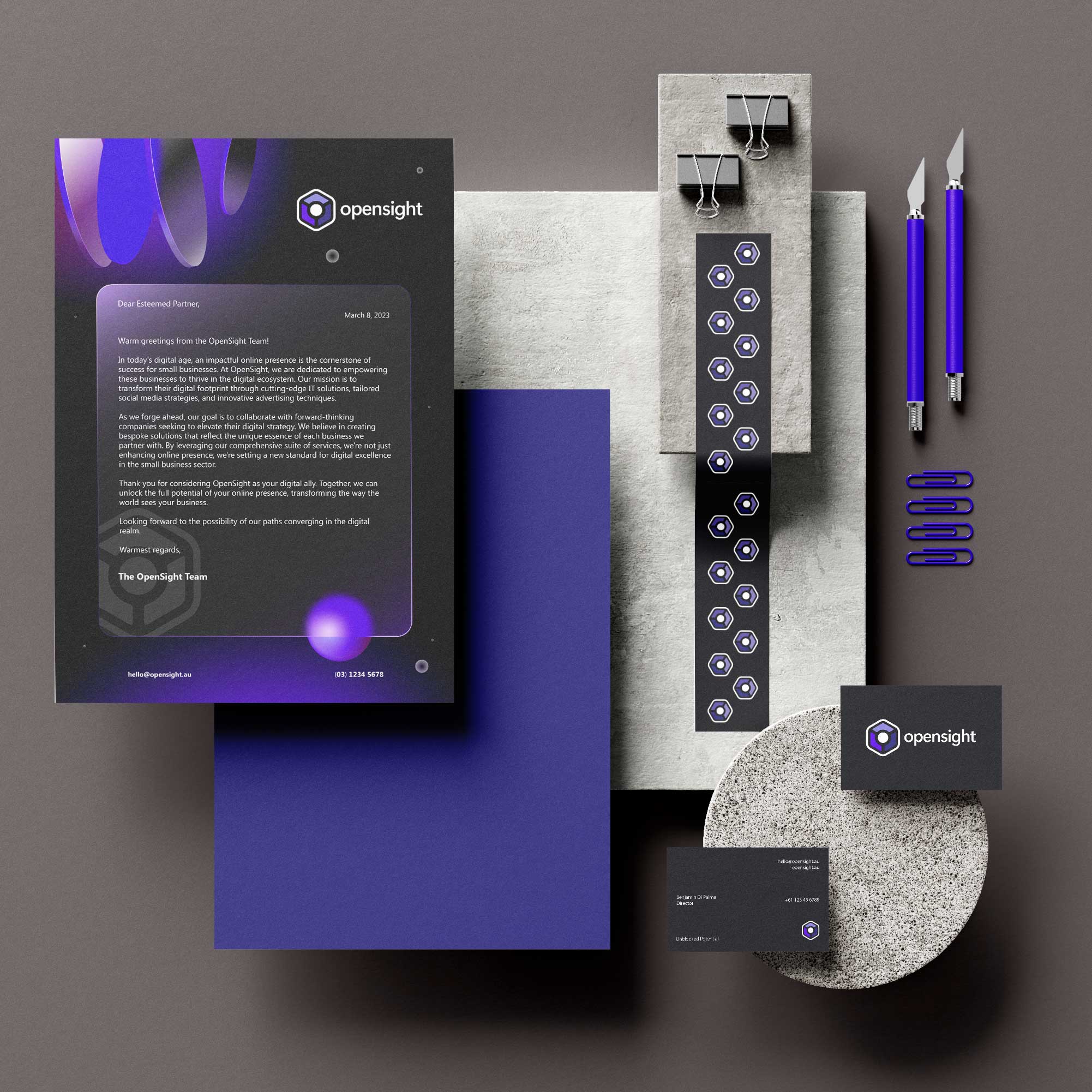 Opensight branded document pack with business cards