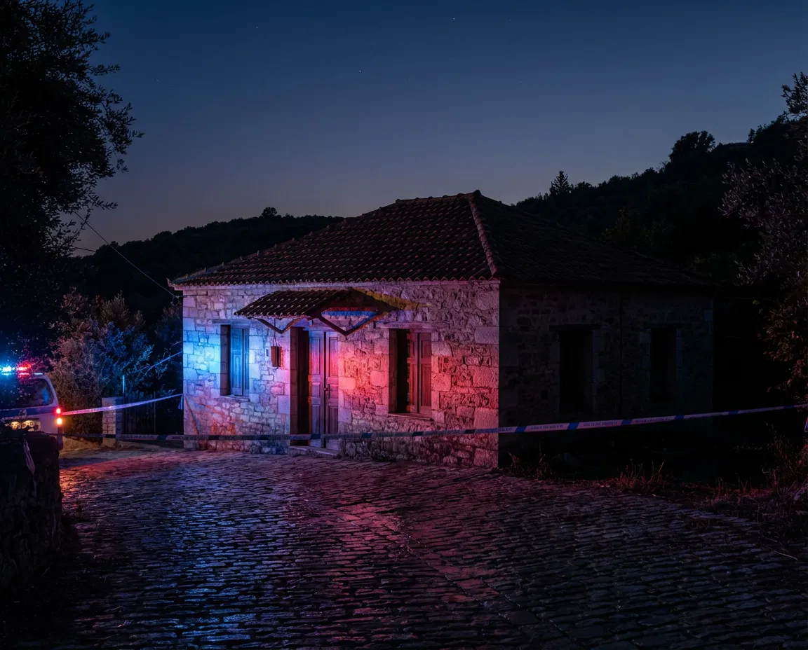 Exterior night view of a rural Greek house illuminated by police lights with a cordoned entrance.