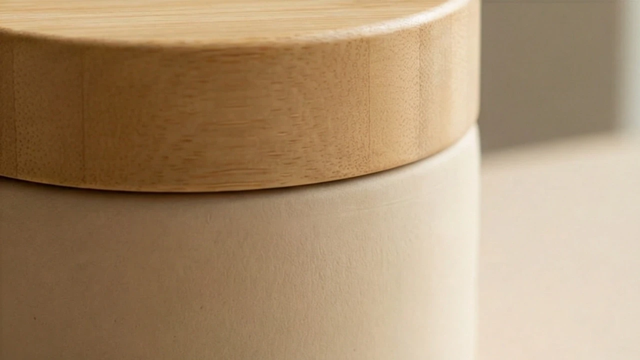 A minimalist cream-colored ceramic skincare jar with a wooden lid resting on a beige block.