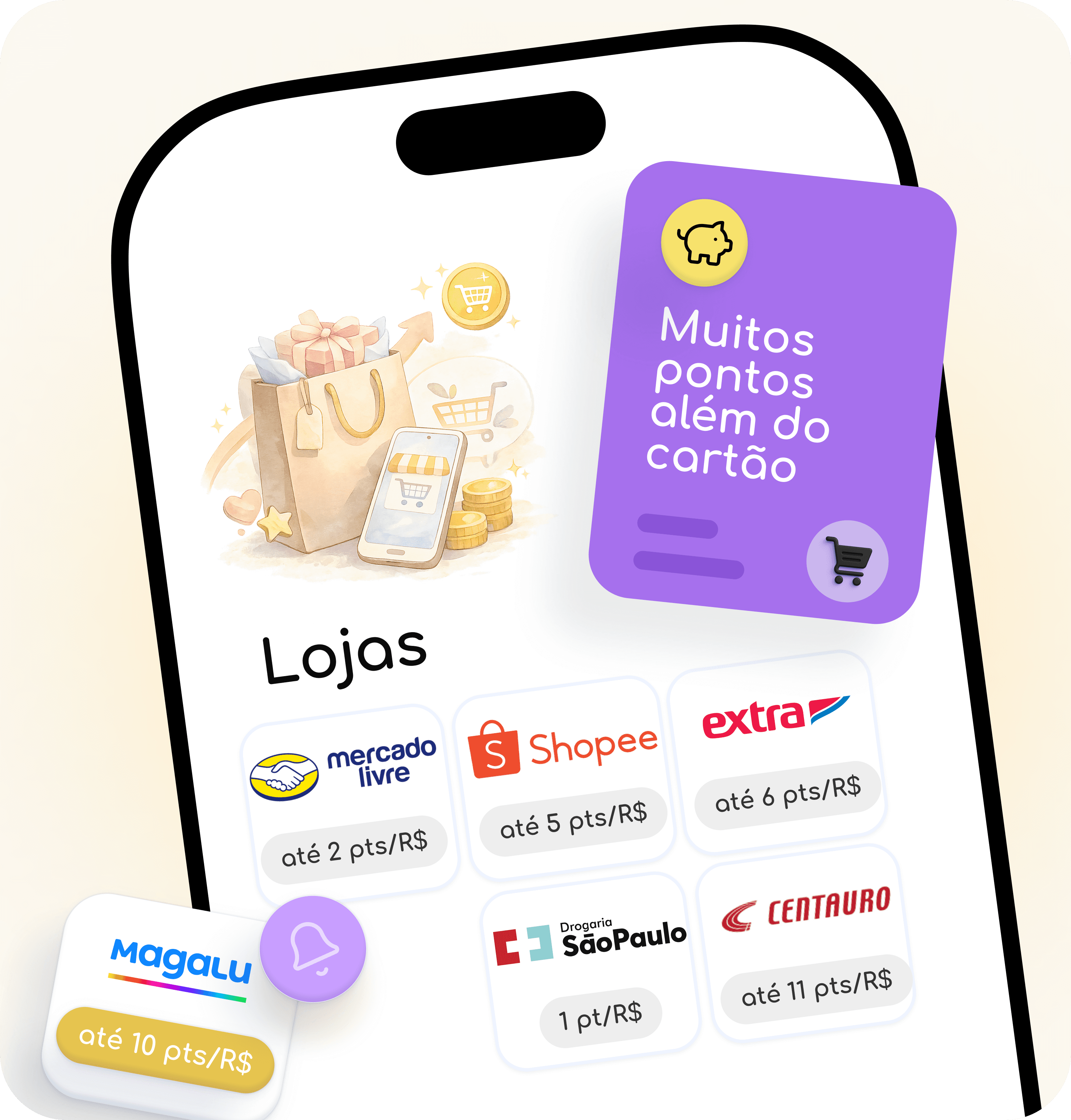 Interface do aplicativo AceleraPontos exibida em um smartphone, com ofertas personalizadas e acompanhamento de promoções de pontos e milhas.