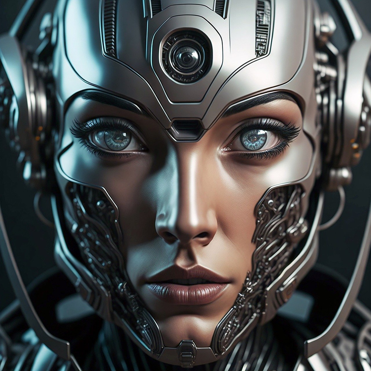 A head shot image of a metallic cyborg that has a woman's face.