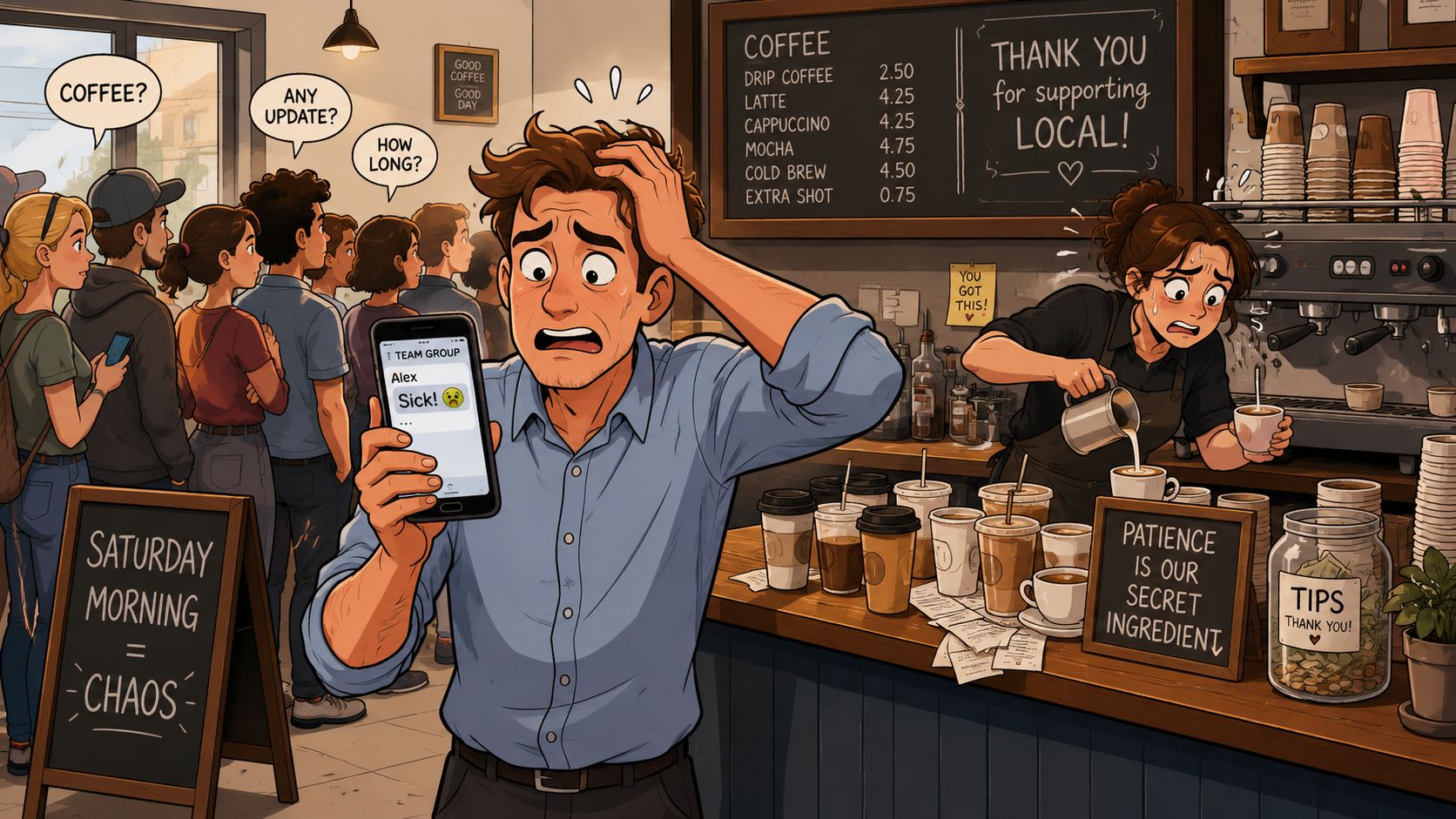 A stressed coffee shop worker holds a phone showing a sick message as customers wait in line.