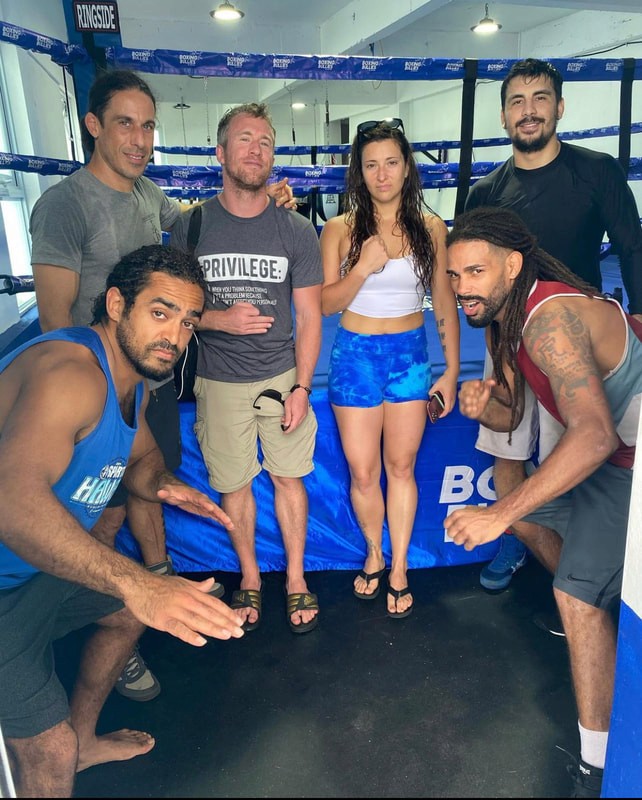 Boxing gym team posing together during filming of Puerto Ricans on the Rise documentary, Puerto Rico