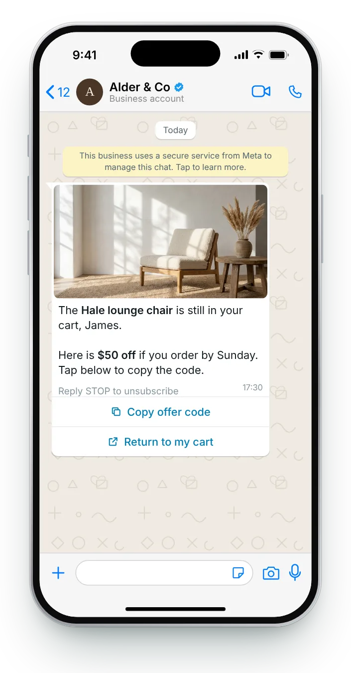 Closing reminder with a copy-code button: WhatsApp cart reminder on an iPhone