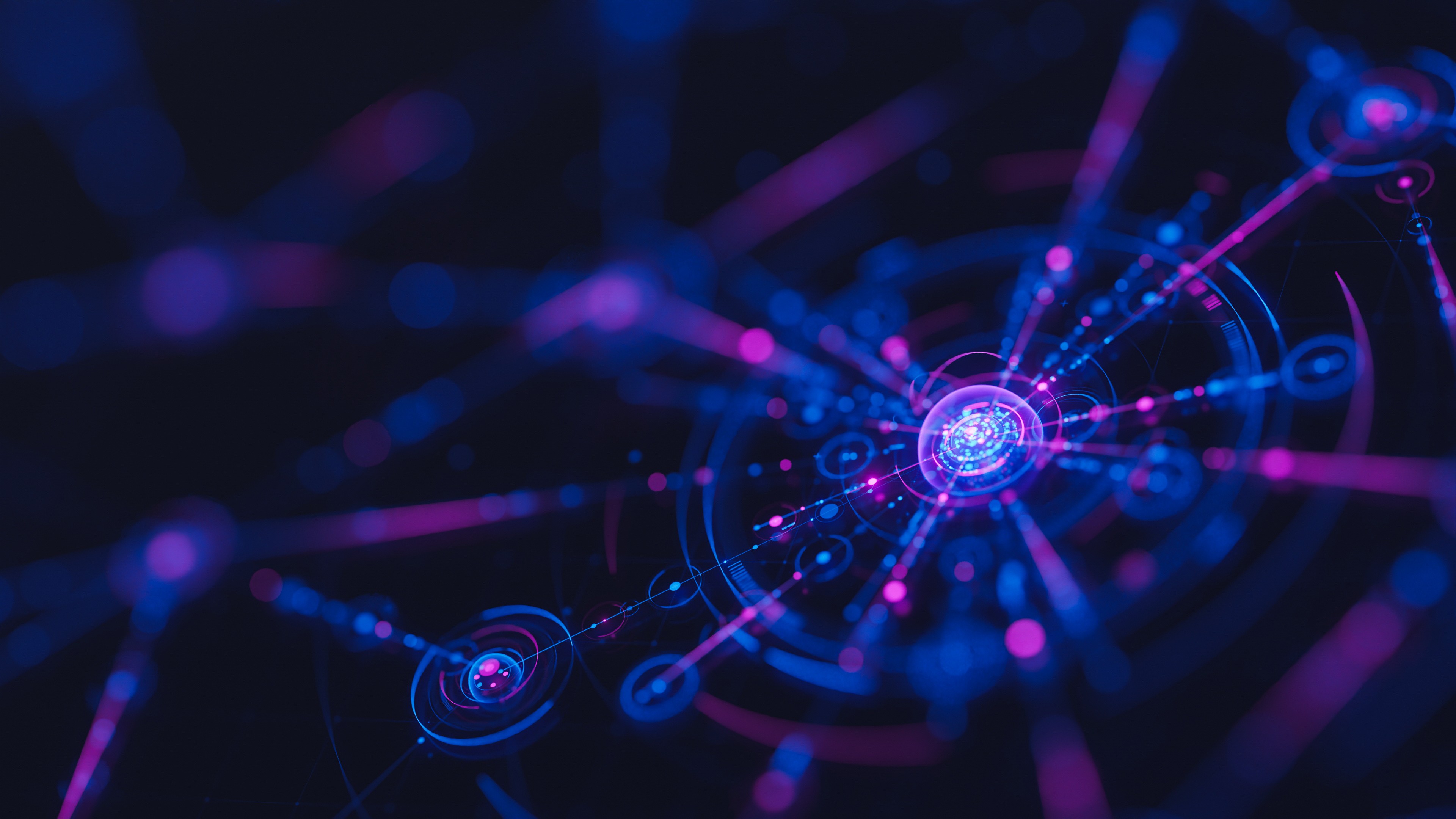 Abstraktes digitales Netzwerk mit vernetzten Knoten und Datenflüssen, das die Kernbausteine von KI-Systemen symbolisiert und veranschaulicht, wie Komponenten kombiniert werden, um moderne KI-gestützte Produkte und Dienstleistungen zu formen.