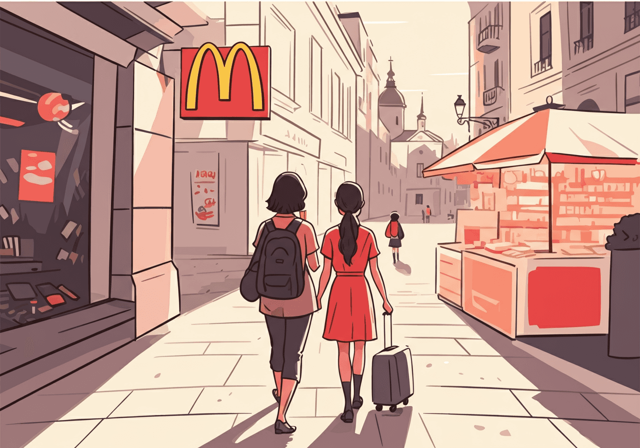 People walking down a european street where there's a mcDonalds restaurant 