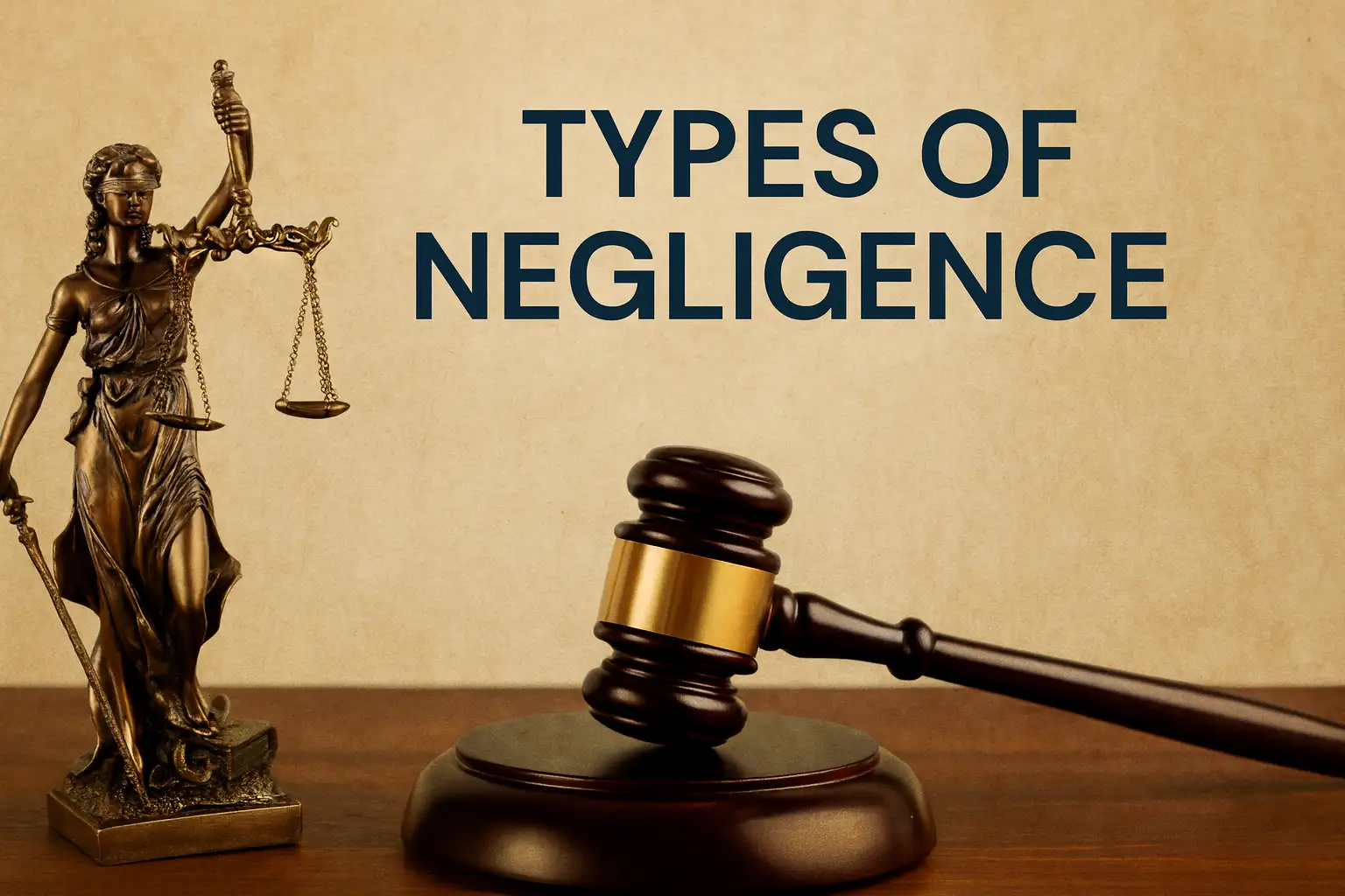 Types of Negligence title graphic featuring a judge’s gavel and a Lady Justice statue on a parchment-style background.