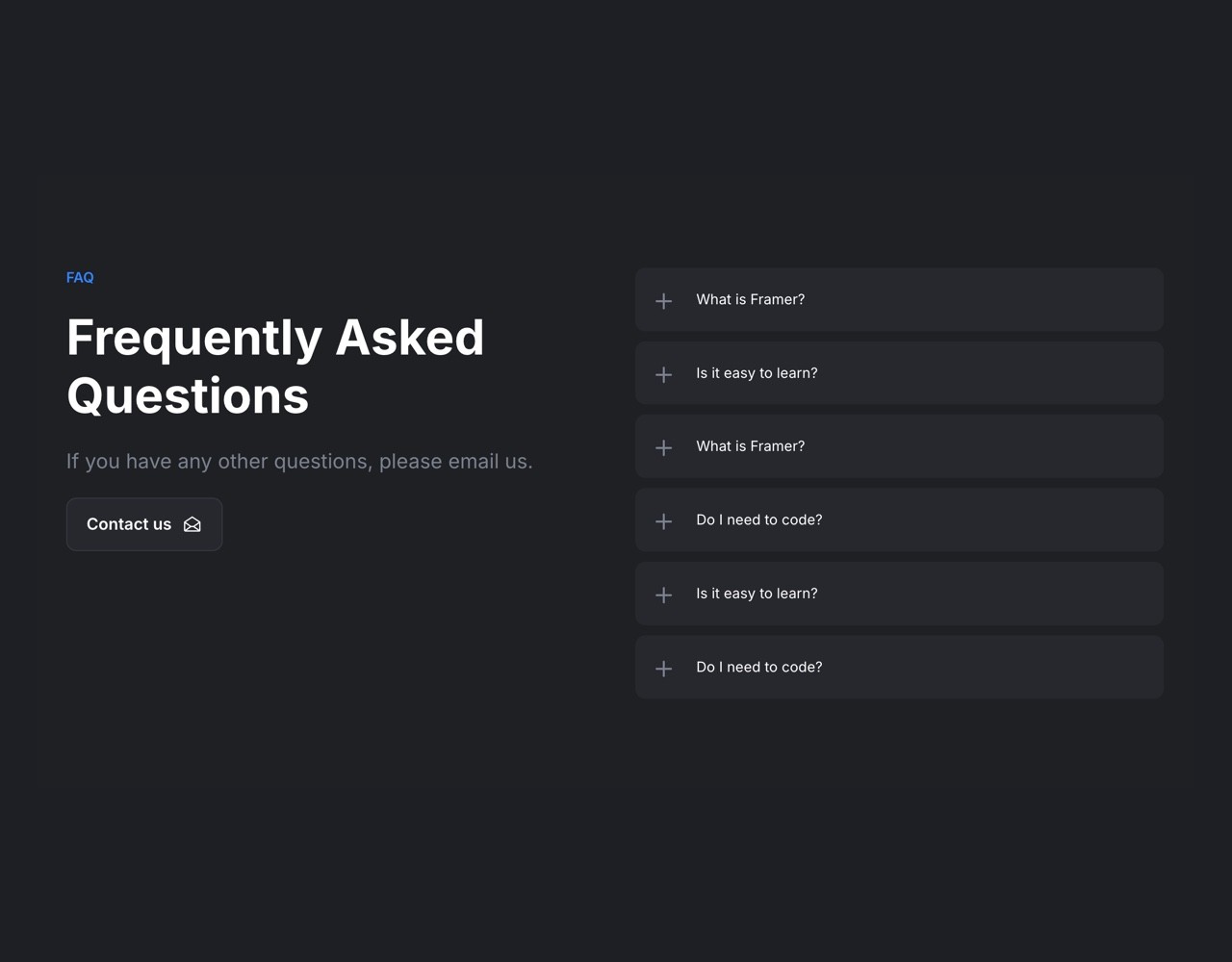 Framer Dark FAQ Section - Frameblox UI