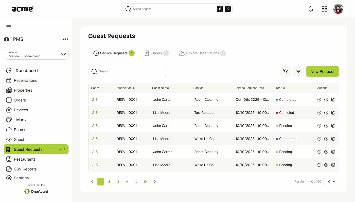 OneAvant Smart Hospitality interface displaying a guest list with names and pagination, representing automated room controls, IoT-synced housekeeping, and energy management for hotels.