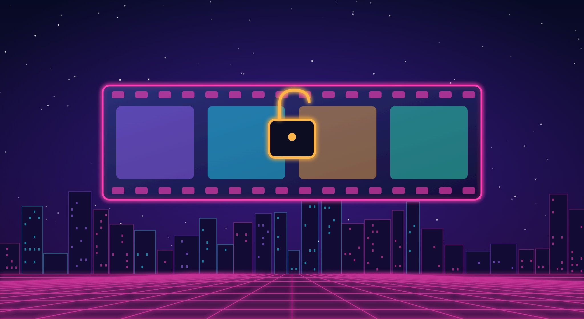 Neon illustration of a film strip with an open padlock