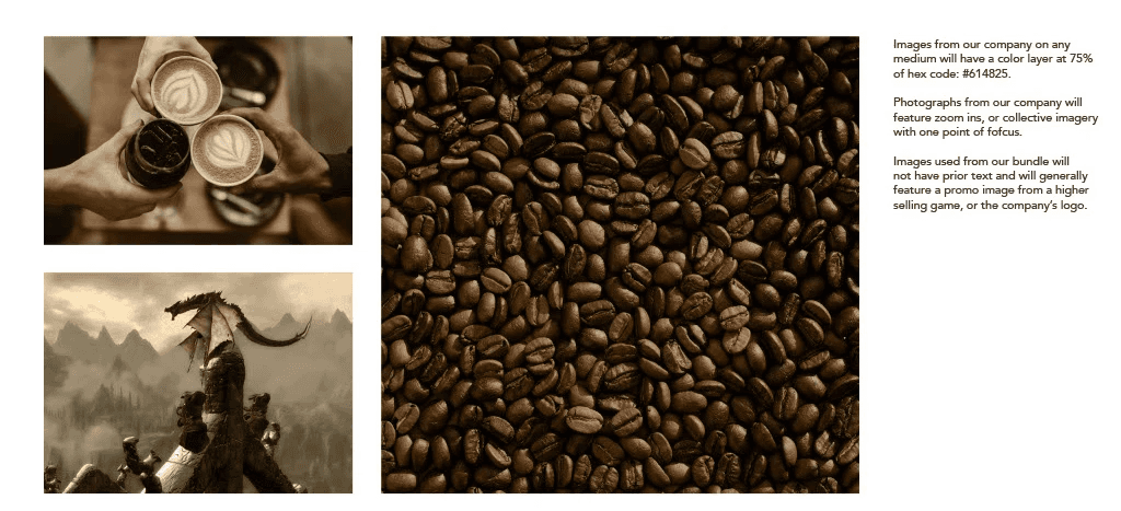 Image style guide: coffee beans, latte art, and fantasy gaming scenes in a sepia-toned overlay.