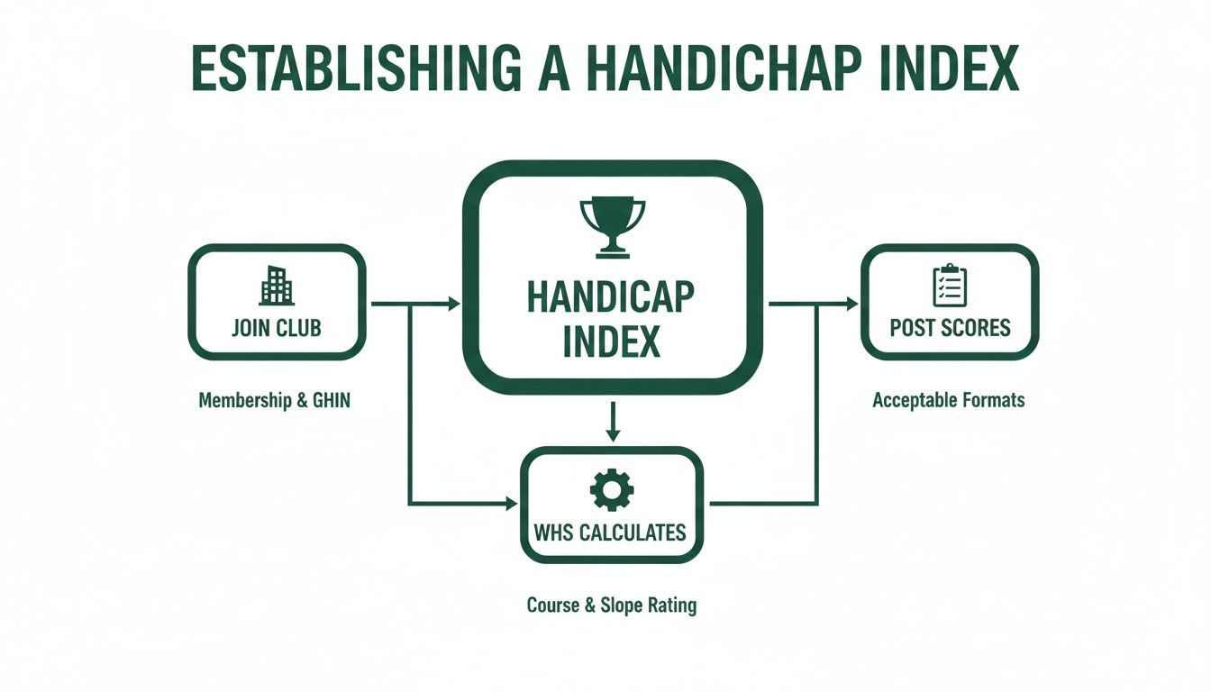 Flowchart explaining the steps to establish a golf handicap index, from joining a club to WHS calculations.