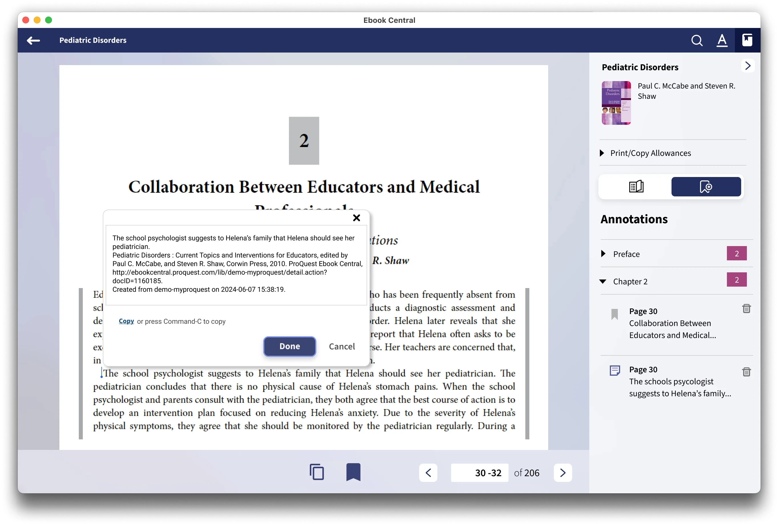 screenshot of citing modal window in reader