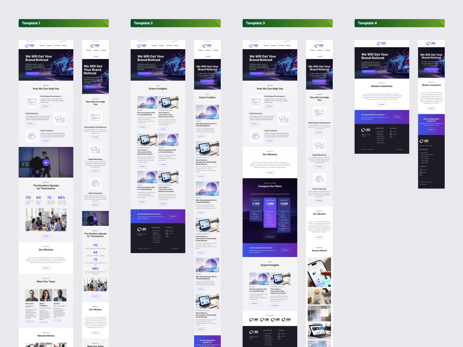 Four Kora email newsletter template layouts showing different module arrangements including hero sections, service cards, pricing tables, and team profiles