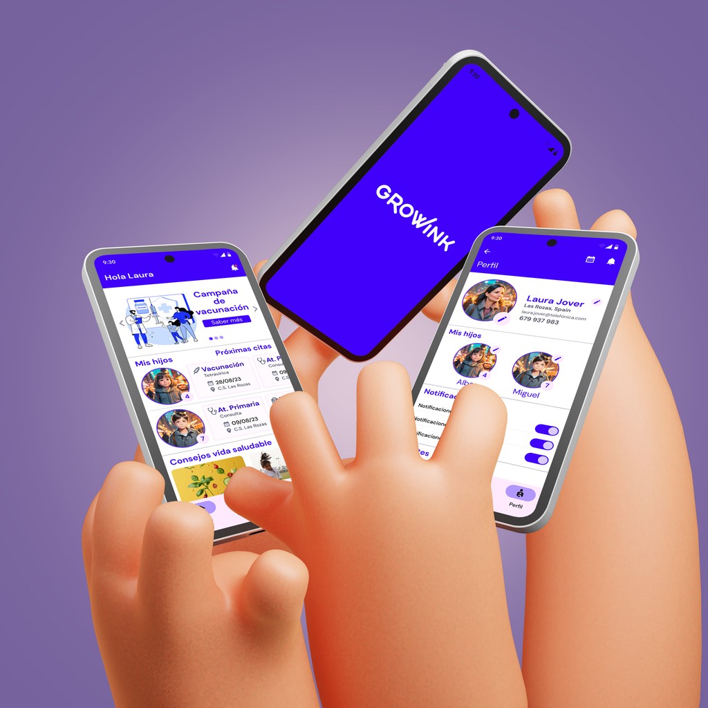 Manos ilustradas agarrando moviles con pantallas del proyecto growink