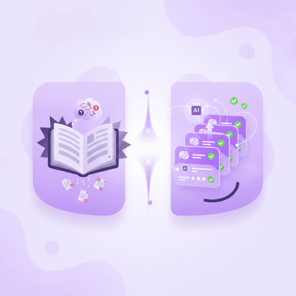 Comparison of traditional textbook studying versus AI-generated active recall flashcards