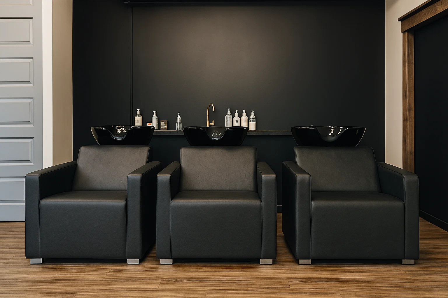 Trois bacs de lavage noirs dans un salon de coiffure moderne, avec fauteuils en simili cuir et mur foncé élégant