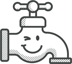 A playful cartoon faucet with a happy face and a wink, shown in a simple black and white design.