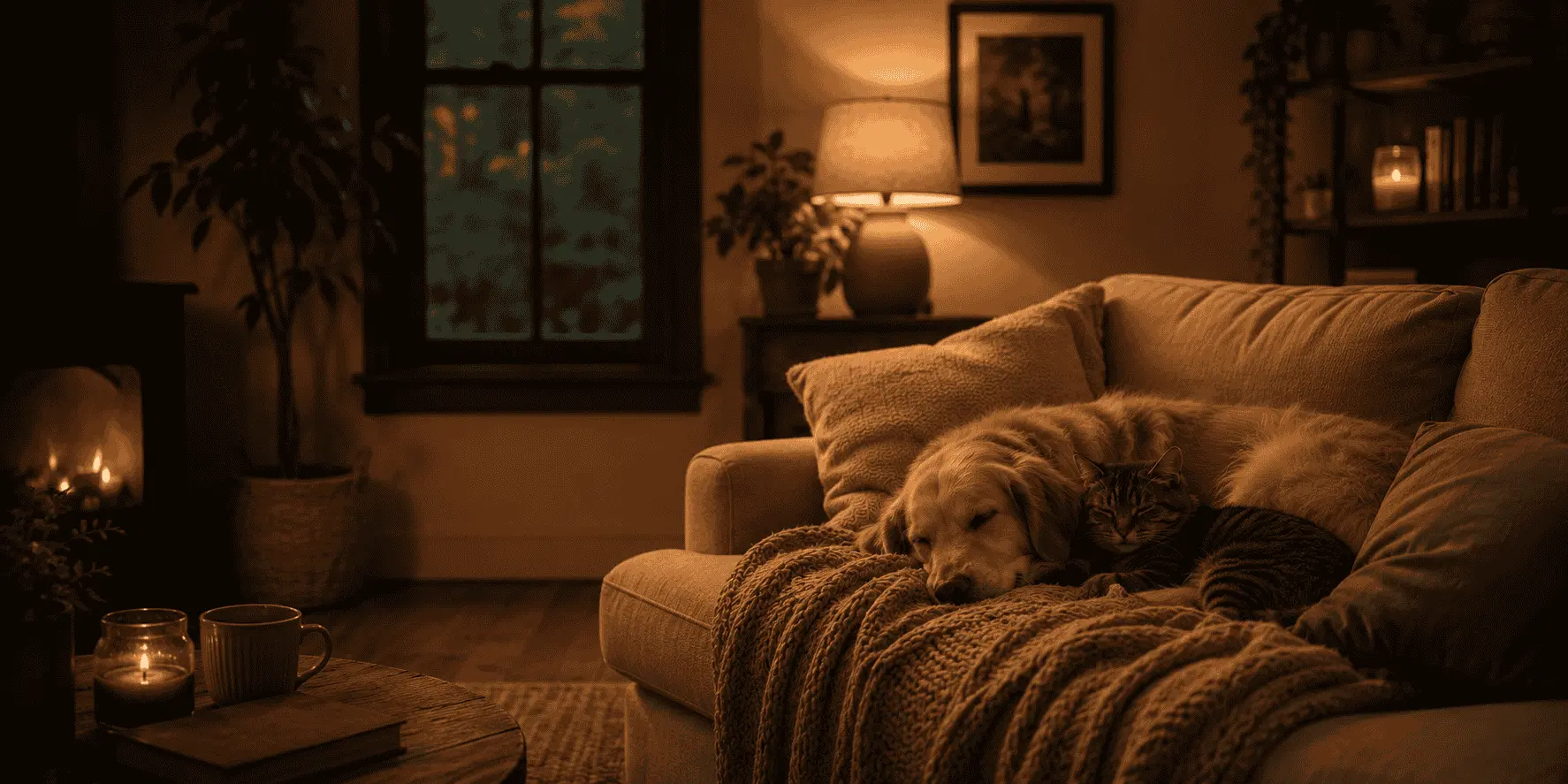 pet dog and cat cuddling on the couch