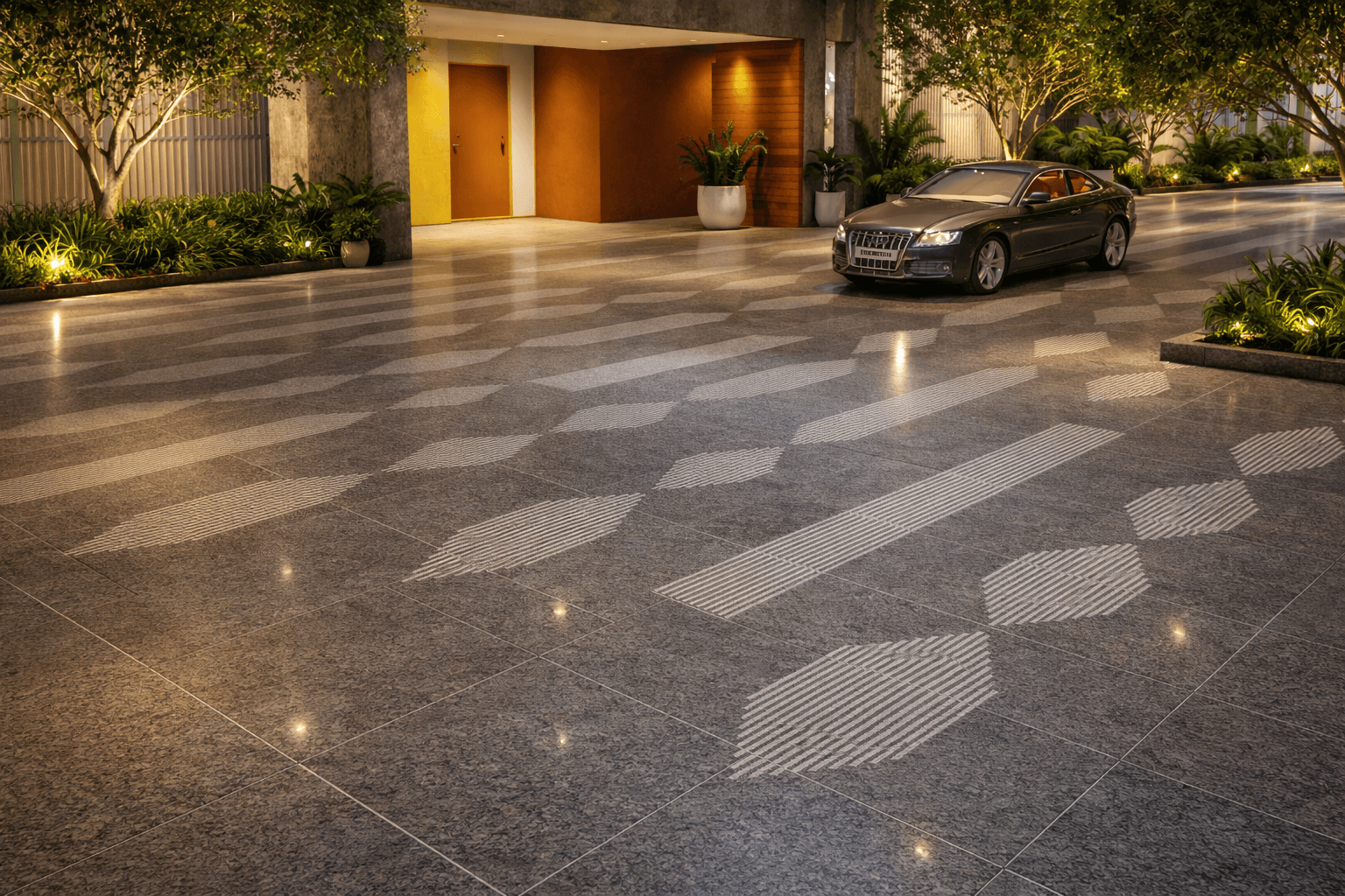 Textured Vervail stone paving with directional line pattern in outdoor parking area