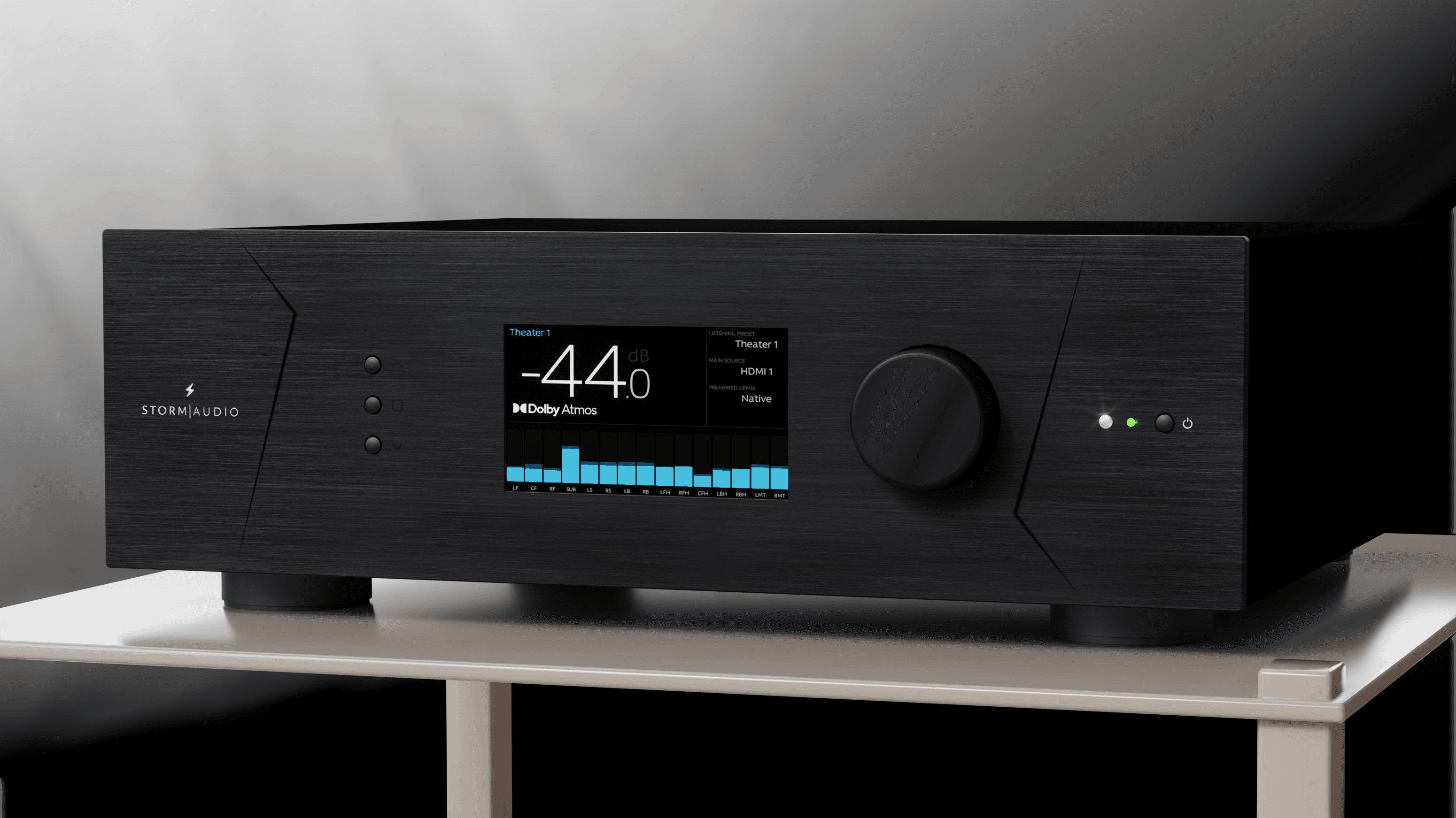 Black smart home device with screen showing time and temp