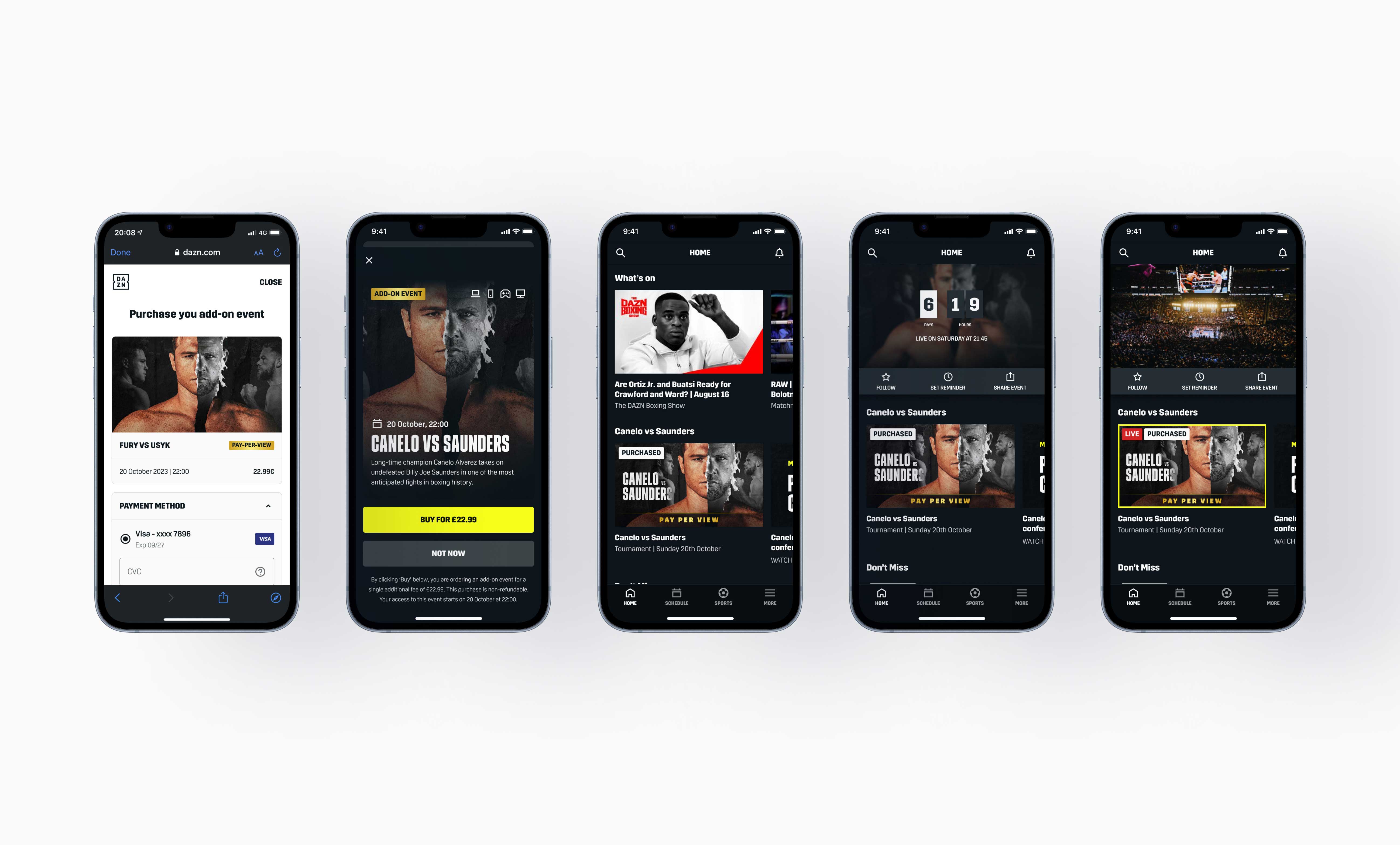 DAZN PPV Selection of iPhone screens