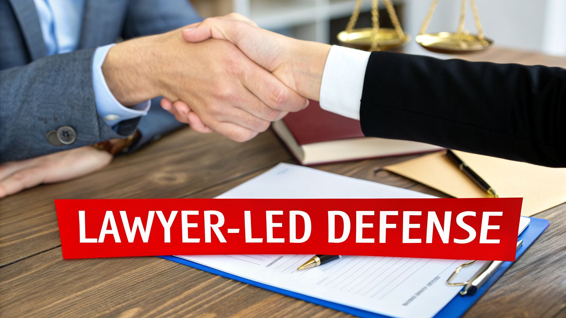 Two people shaking hands over legal documents with scales of justice and a 'LAWYER-LED DEFENSE' sign.