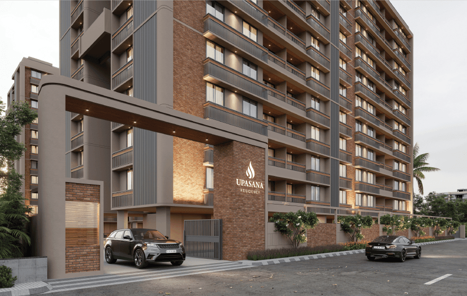 a large room with a white counter and black walls