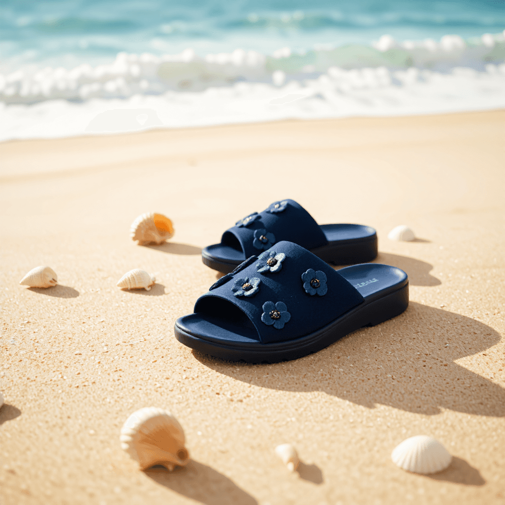 product photography of a pair of casual slide sandals with decorative flower design