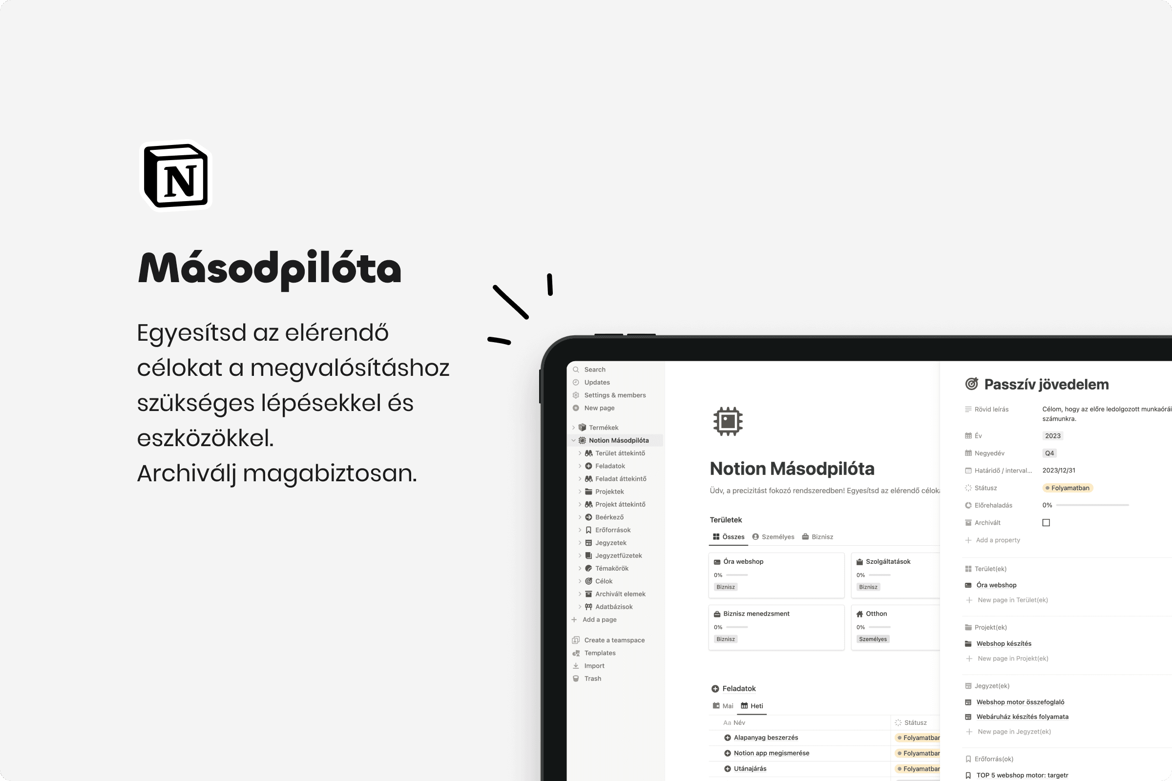 Másodplióta névre keresztelt hétköznapi hatlékonyságot segítő Notion sablon.
