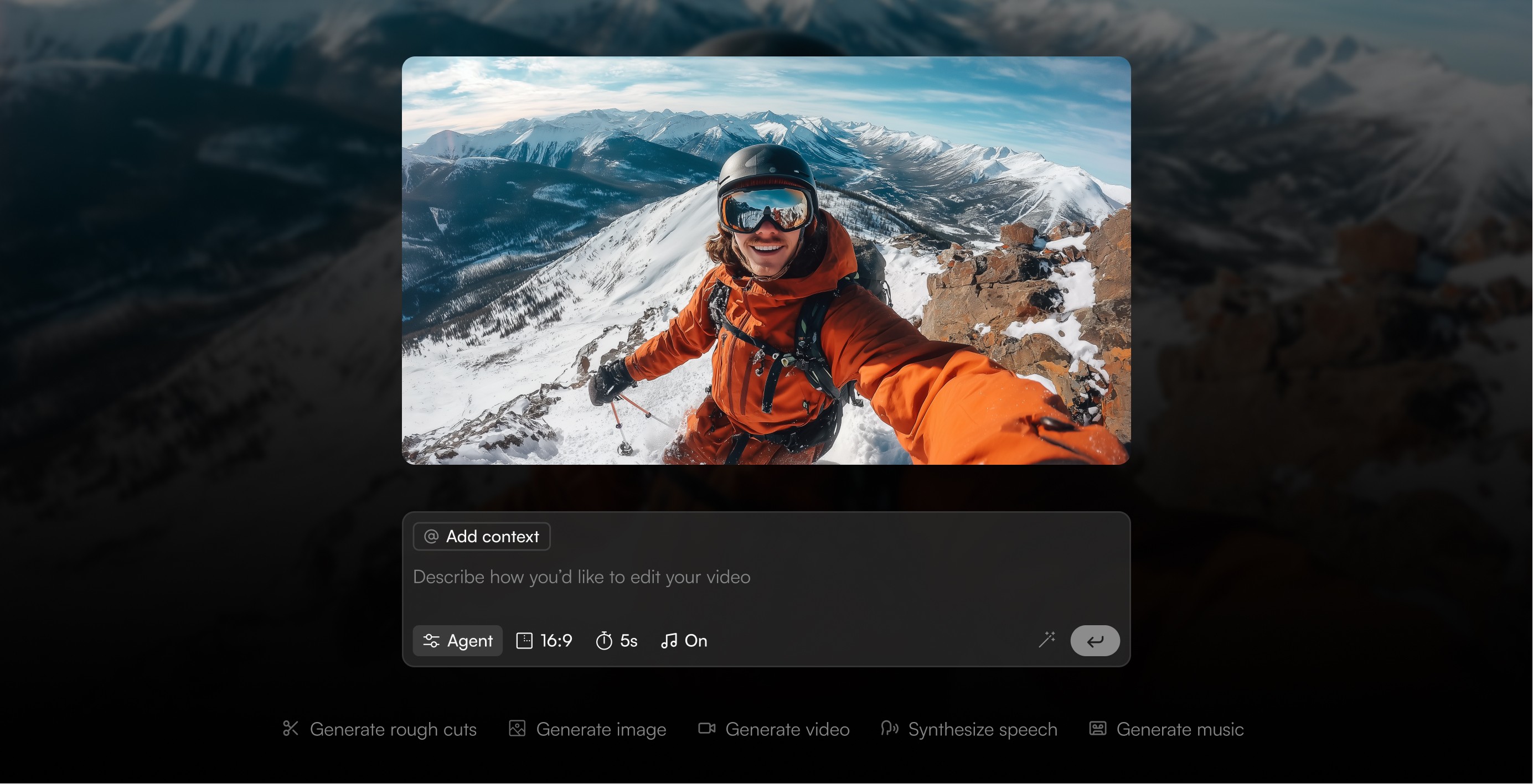 Diffusion Studio AI chat interface editing a skiing POV clip, showing chat based video editing that builds a rough cut for you.