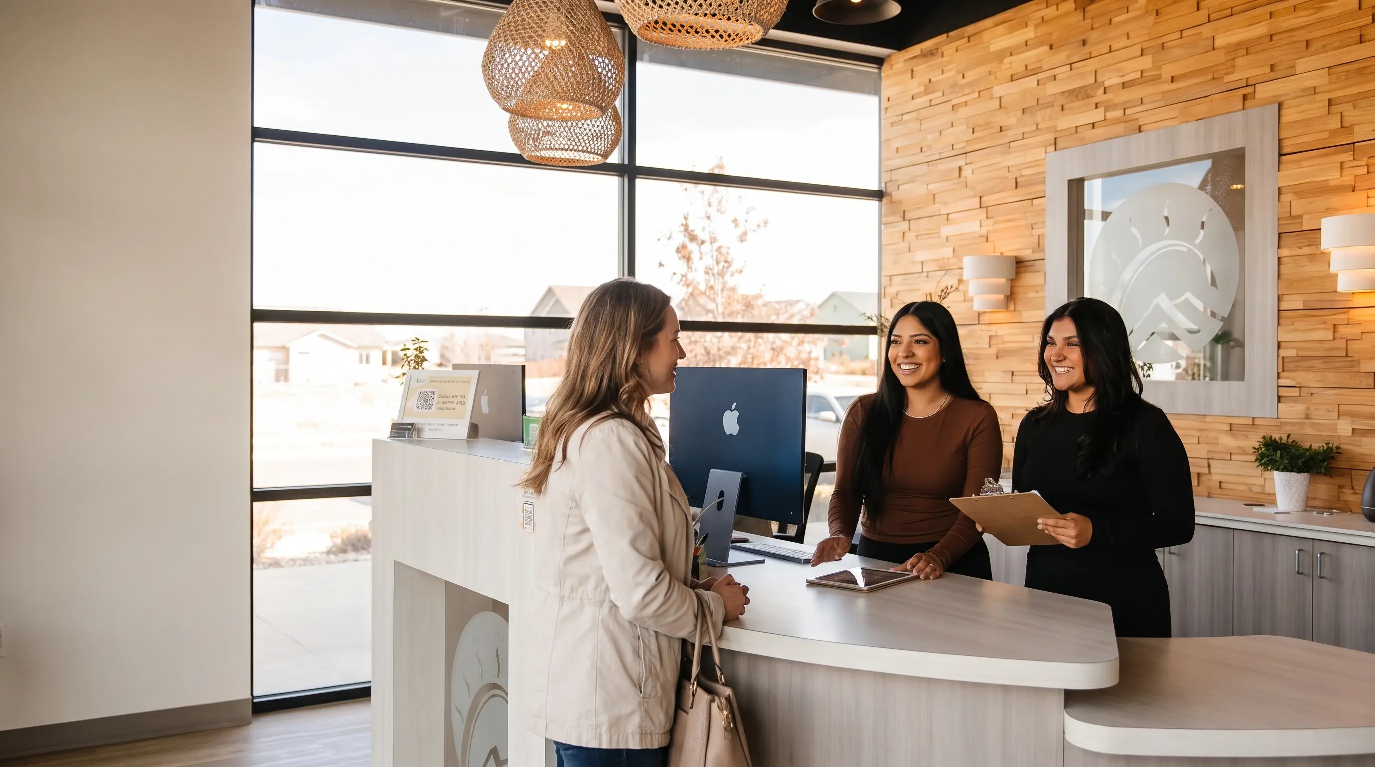 Chiropractor speaking with a patient in a warm, modern Denver clinic
