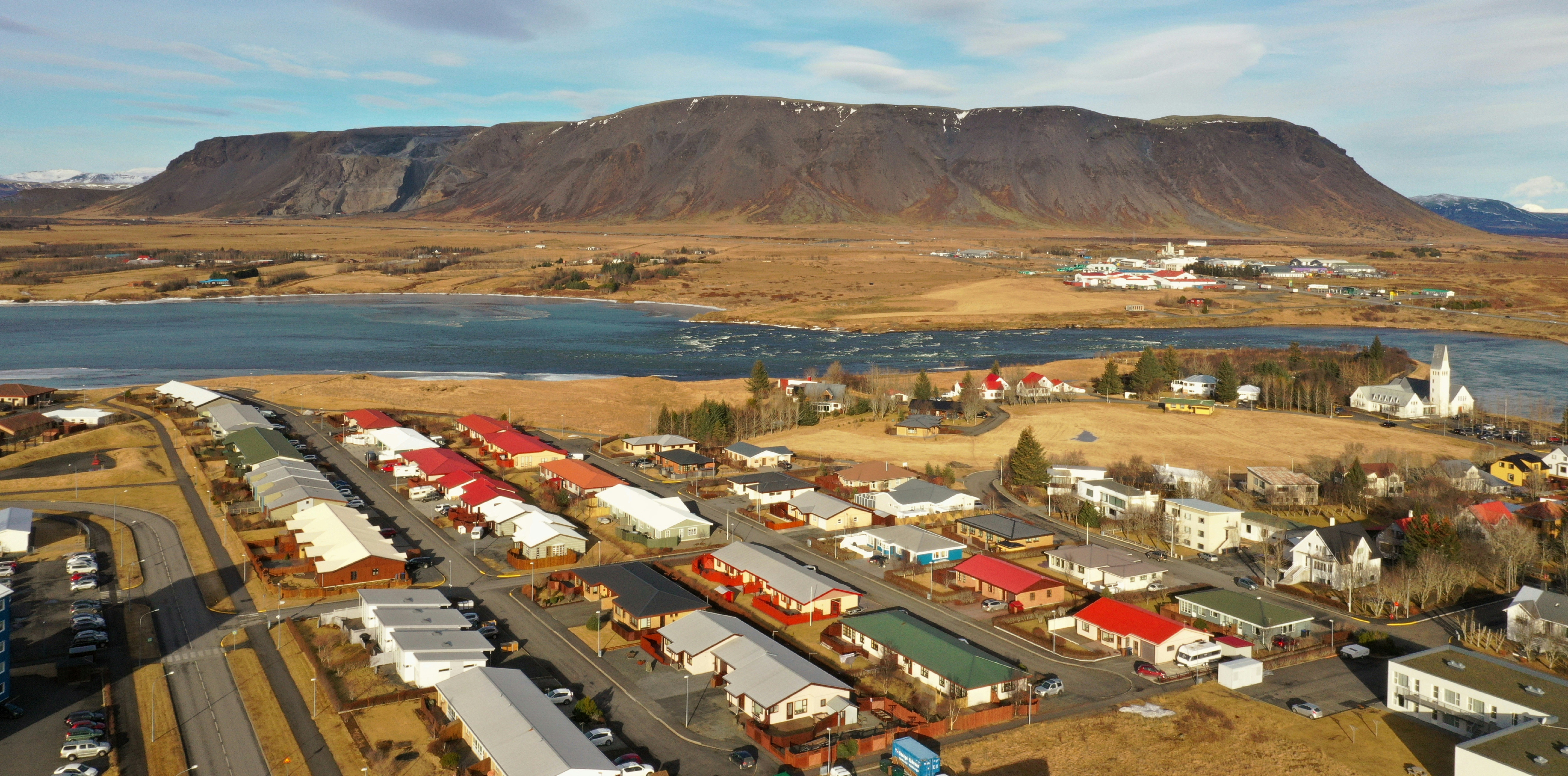 Aerial view of the town of Selfoss in South Iceland.