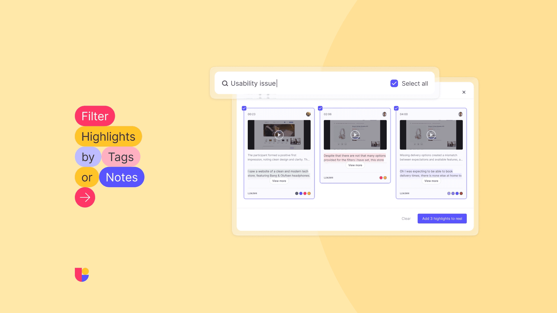 Image shows how to filter Recording Highlights on Useberry’s results page with tags and notes.