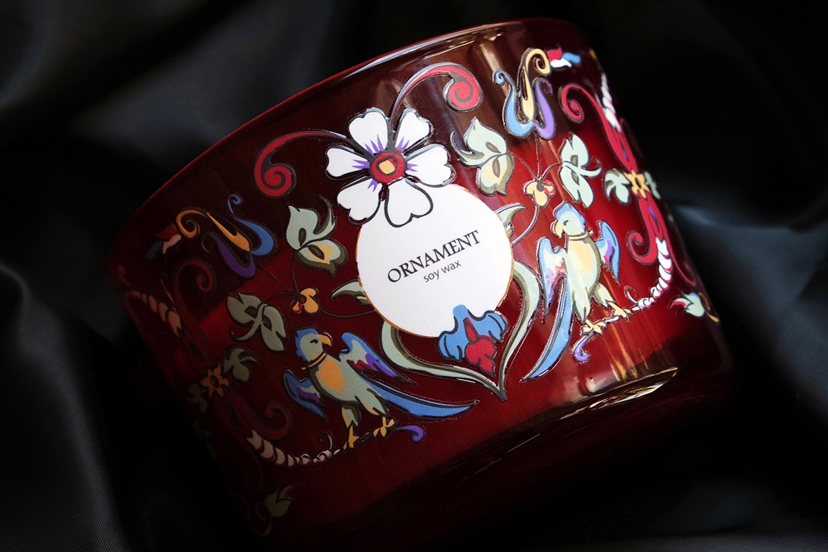 Uv dtf stickers, labels for Candle brand printed on glass with uv printing.