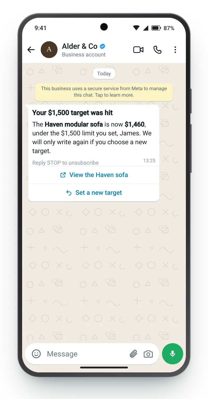 The number they asked us to watch: WhatsApp price drop message on an Android phone