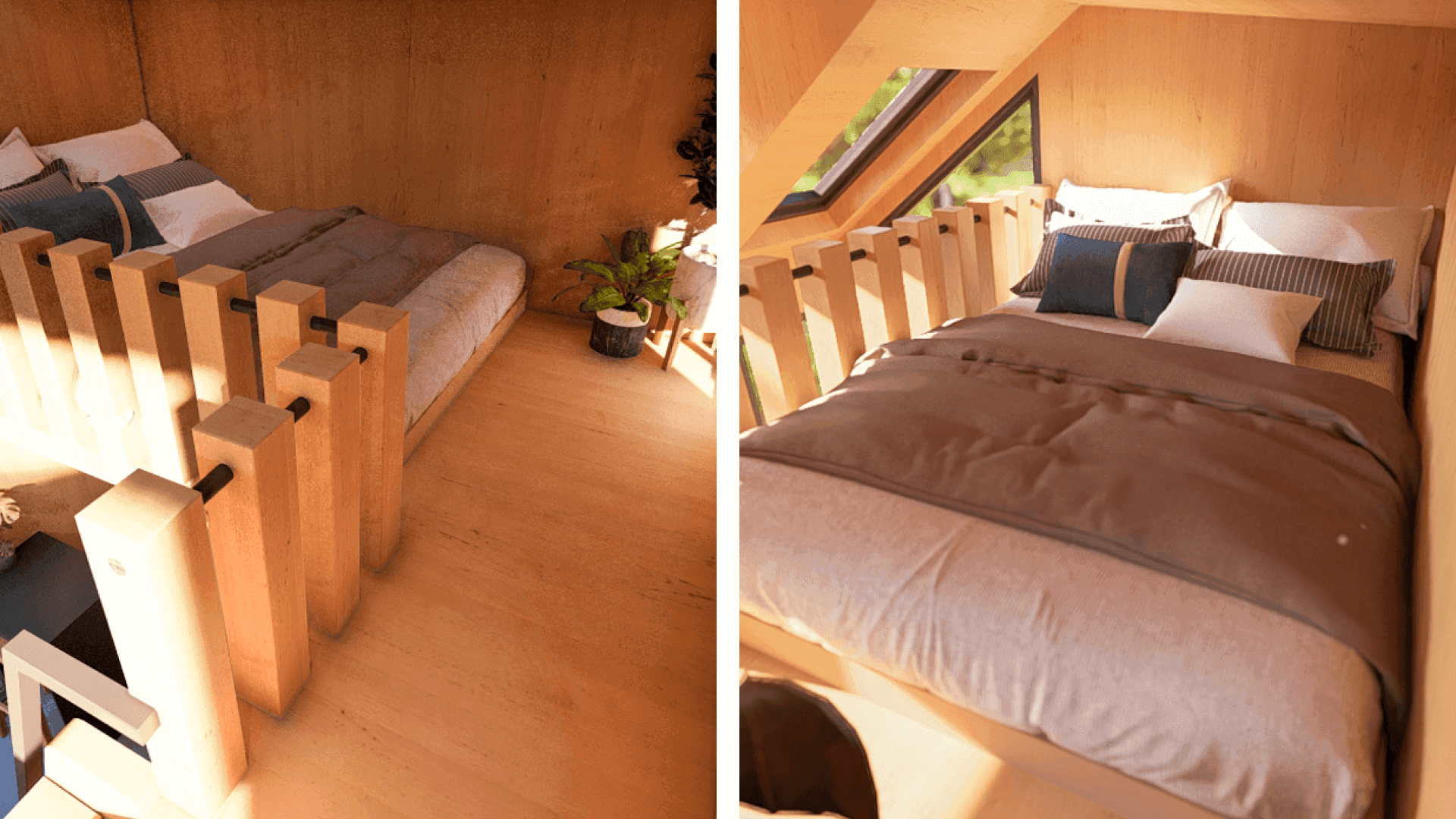 This tiny house with loft features a cozy tiny house bedroom located in the loft.