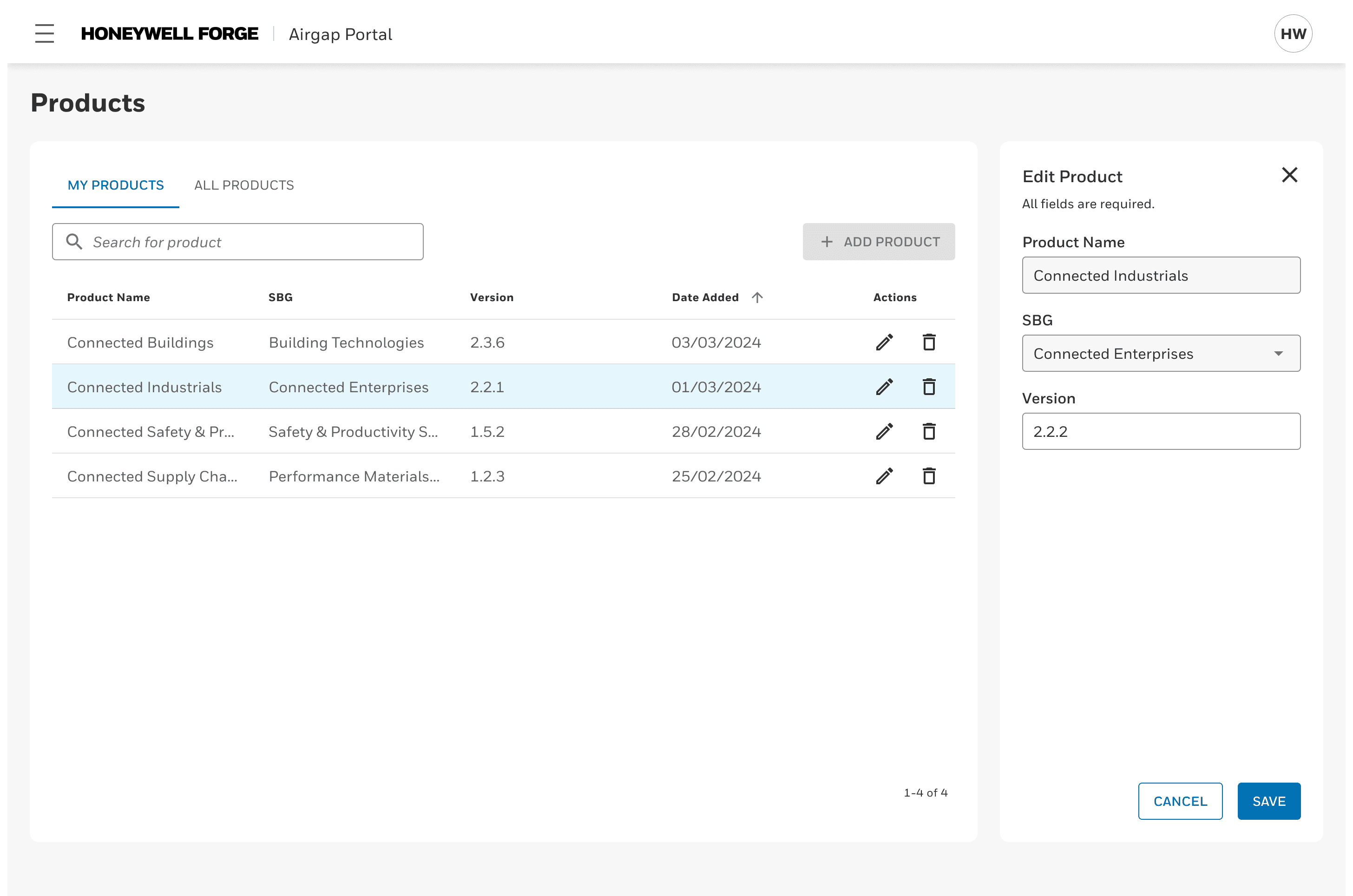 Editing the version number for an existing product in the Products page