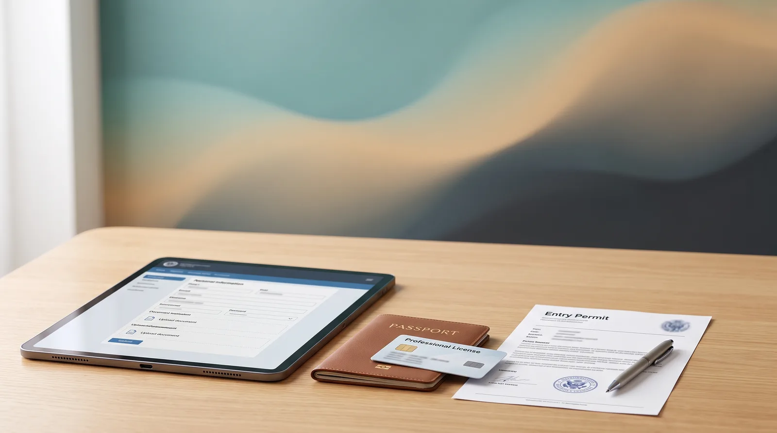 Applying for Your Entry Permit Once You Are Licensed beside a passport, residence visa card and application form