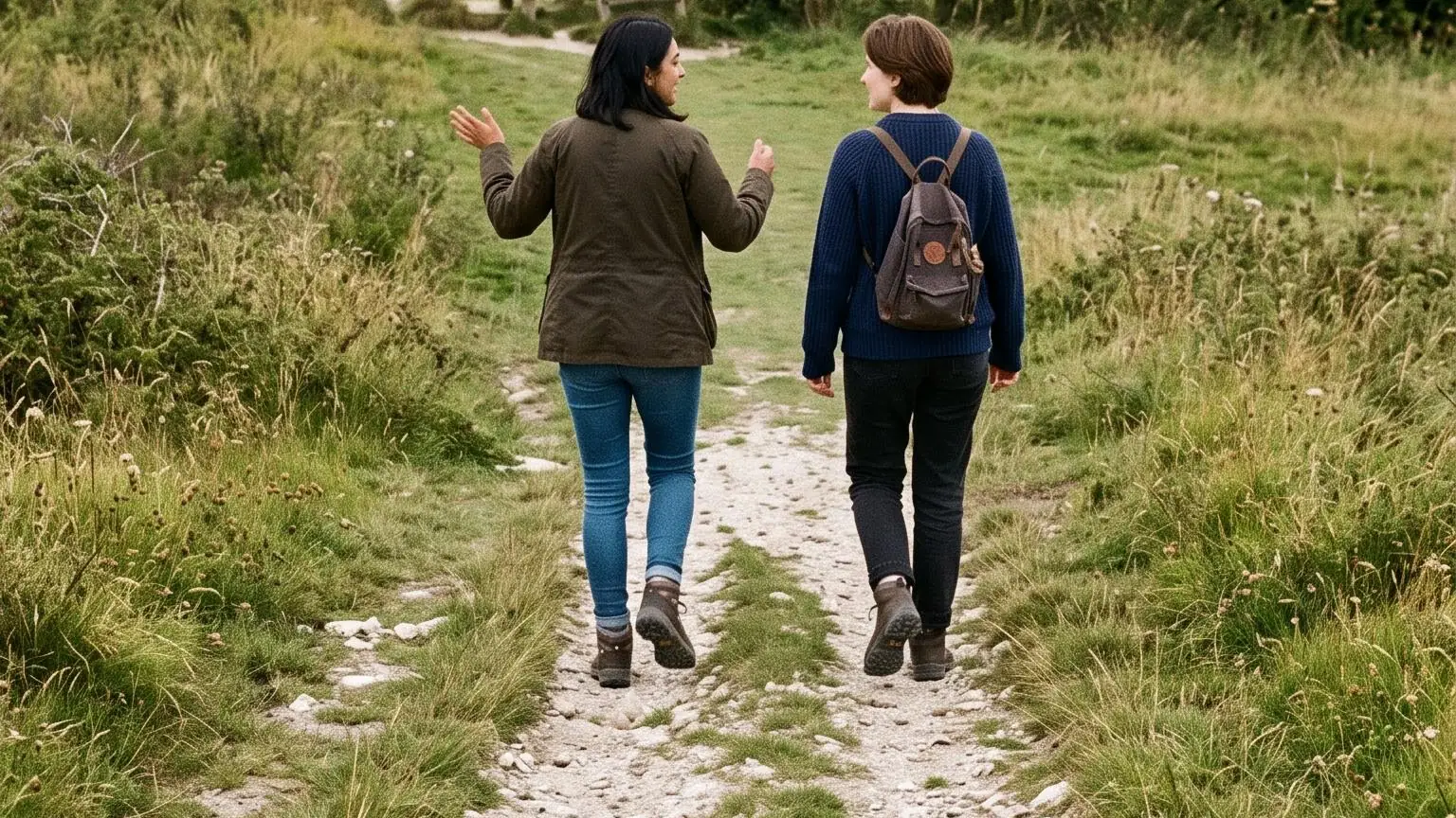 Two people walking side by side up a grassy hill path on an overcast day, seen from behind, mid-conversation