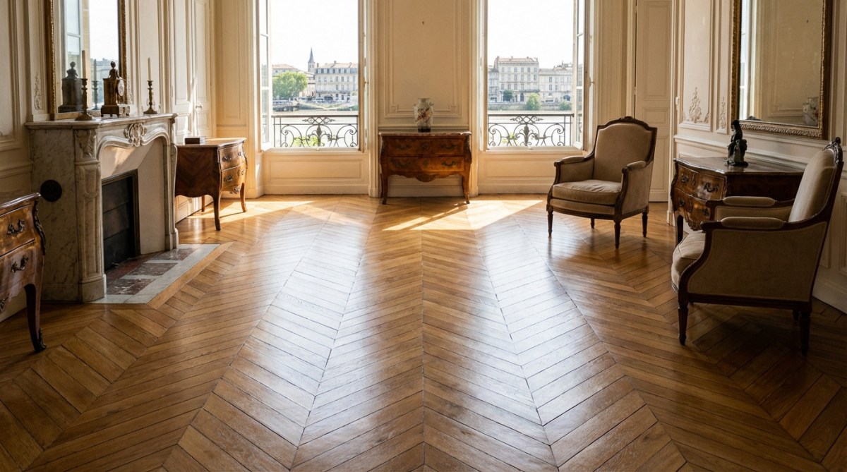 Rénovation soignée d'un parquet ancien en point de Hongrie dans un salon lumineux à Bordeaux