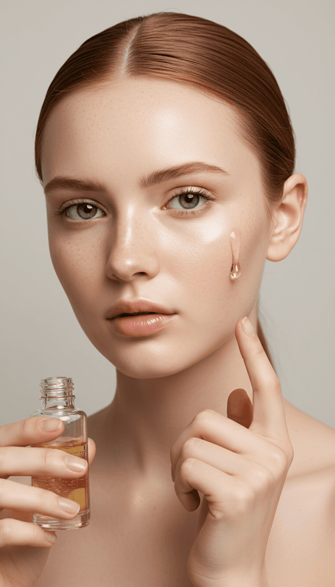 Woman applying facial oil drop to cheek from glass bottle