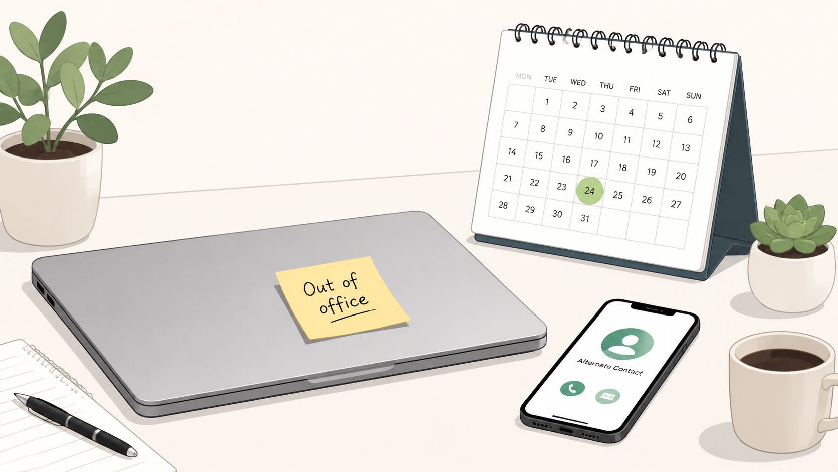 A minimalist desk setup featuring a laptop with an out of office note, calendar, and smartphone.
