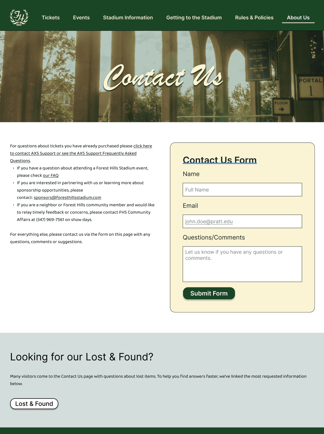 Redesigned Contact Us page with hero image and form, featuring Lost & Found link at bottom for visitors seeking lost items information
