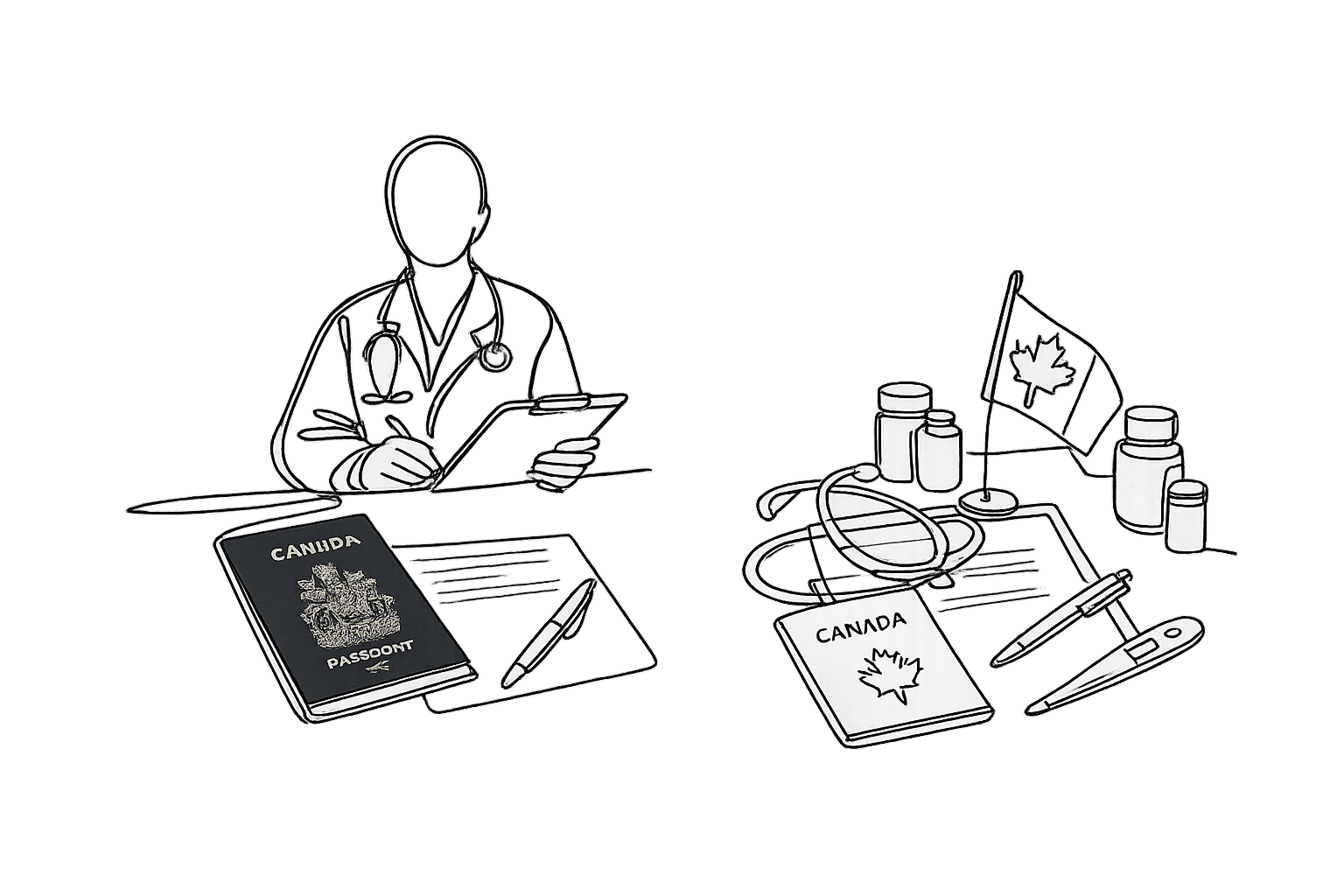 Continuous contour line drawing showing panel physician tools used for an IRCC immigration medical exam at GTA Immigration Physicians.