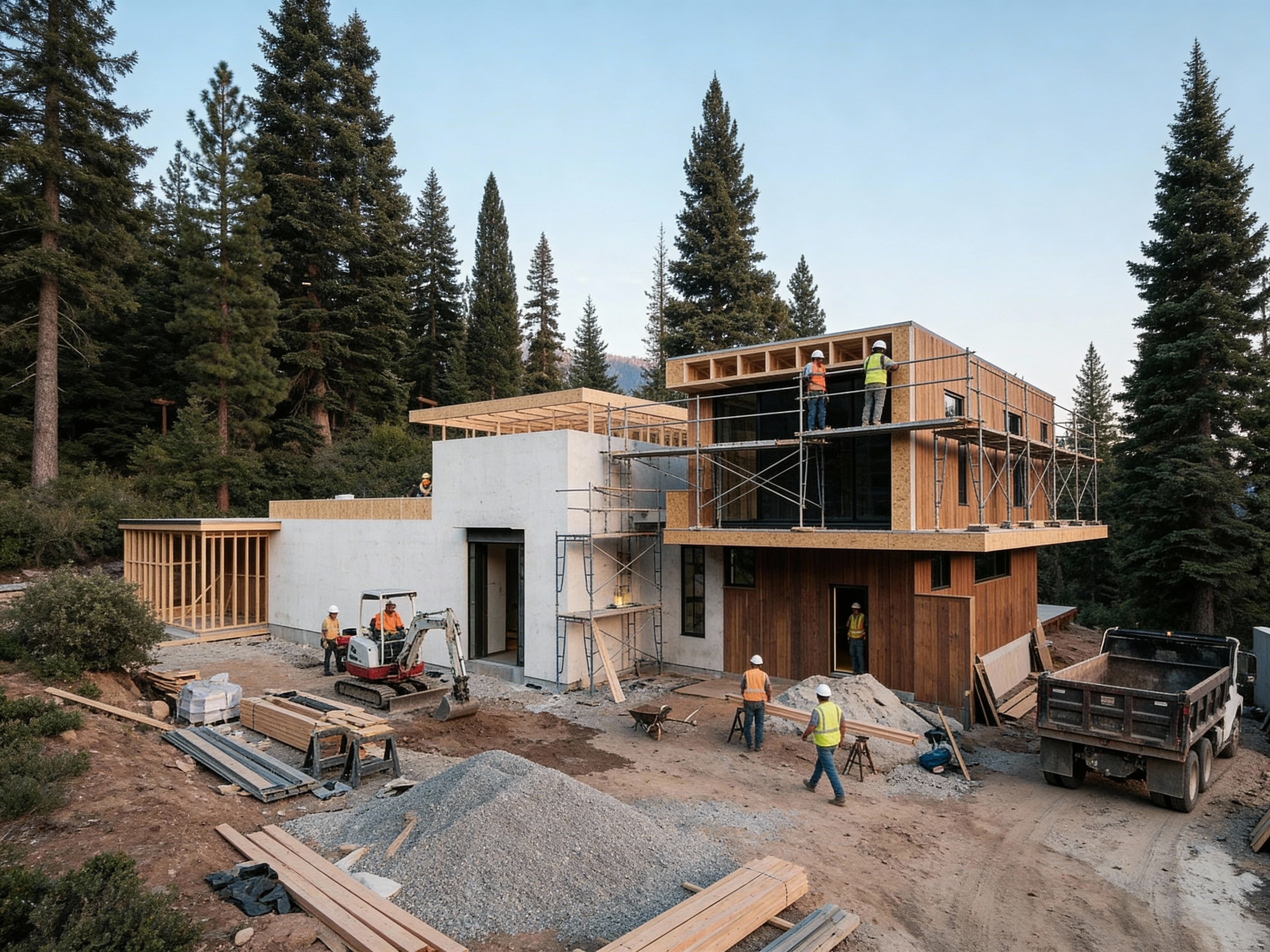 Modern mountain home under construction with scaffolding, workers on site, and concrete and timber framing.