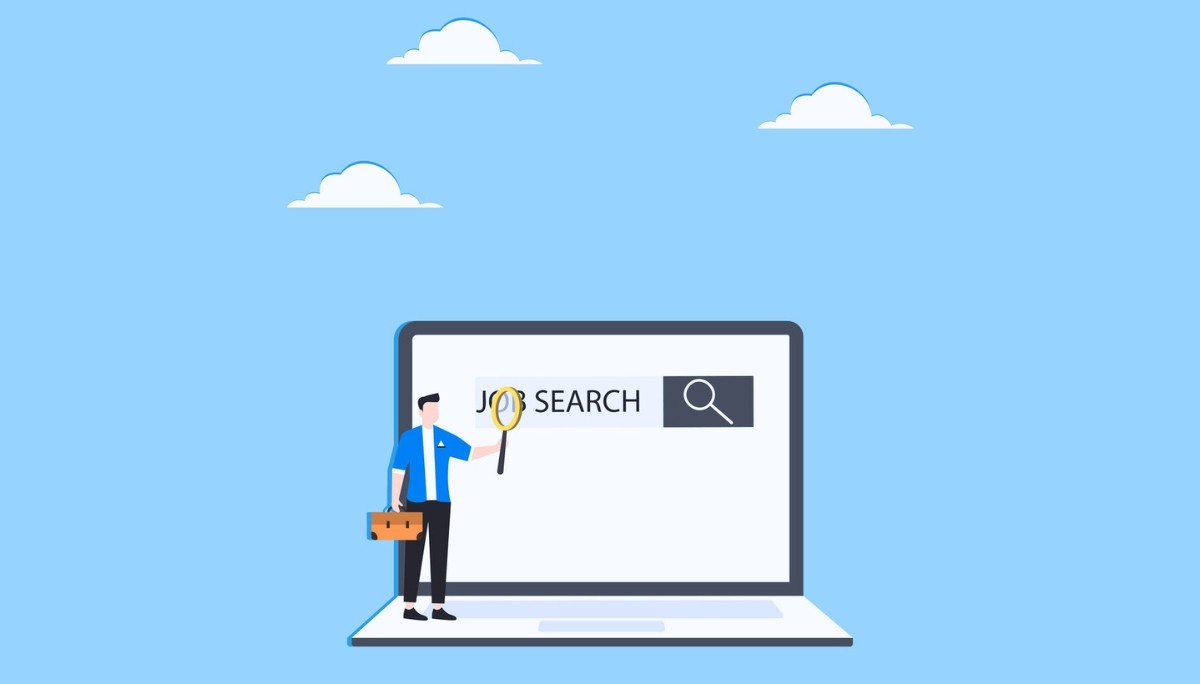 Illustration of a woman seated at a desk working on a computer, holding a paper while a large monitor behind her shows a rocket launch, surrounded by floating dollar signs, gears, paper airplanes, and a light bulb.