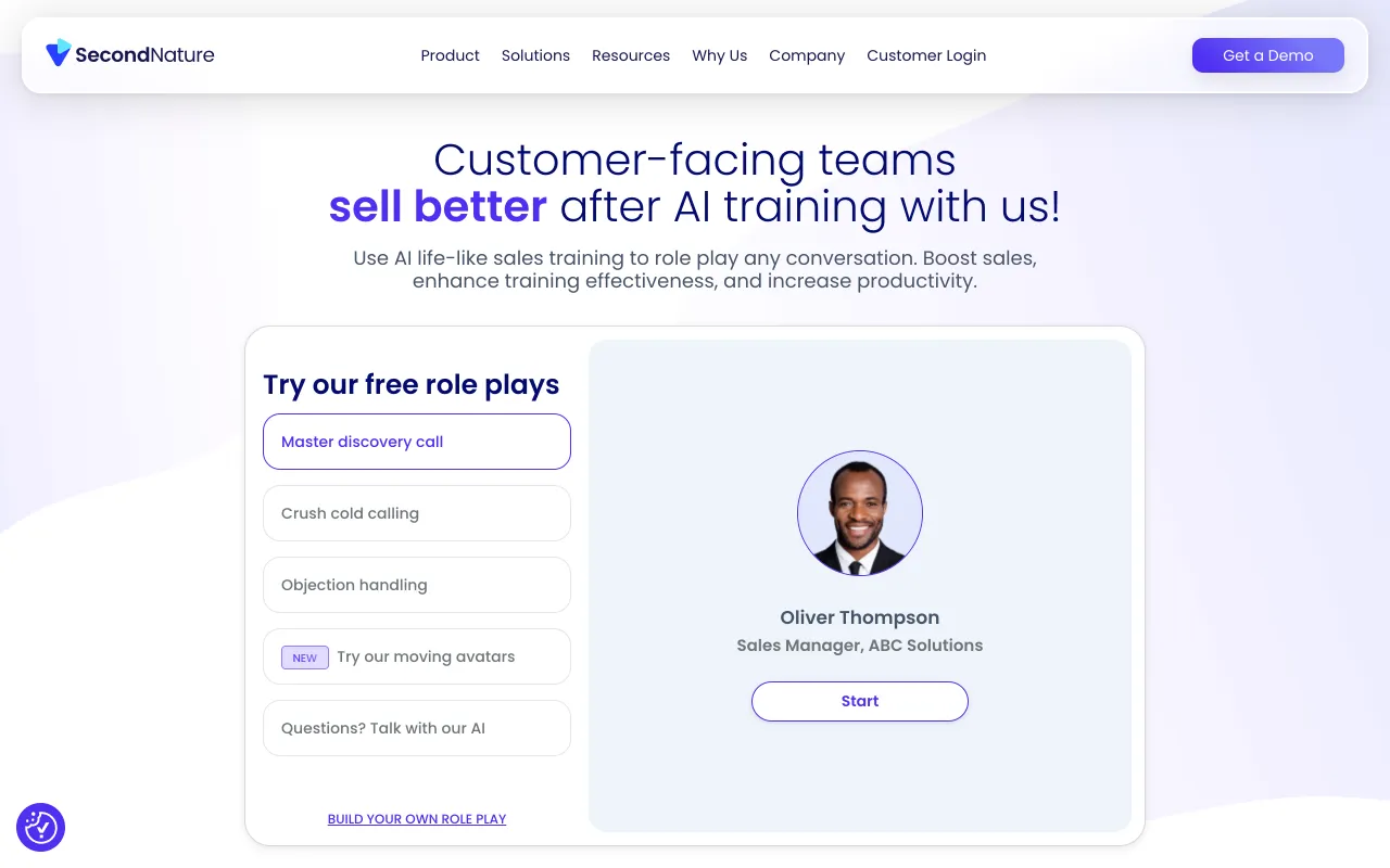 Second Nature homepage, AI avatar sales roleplay training