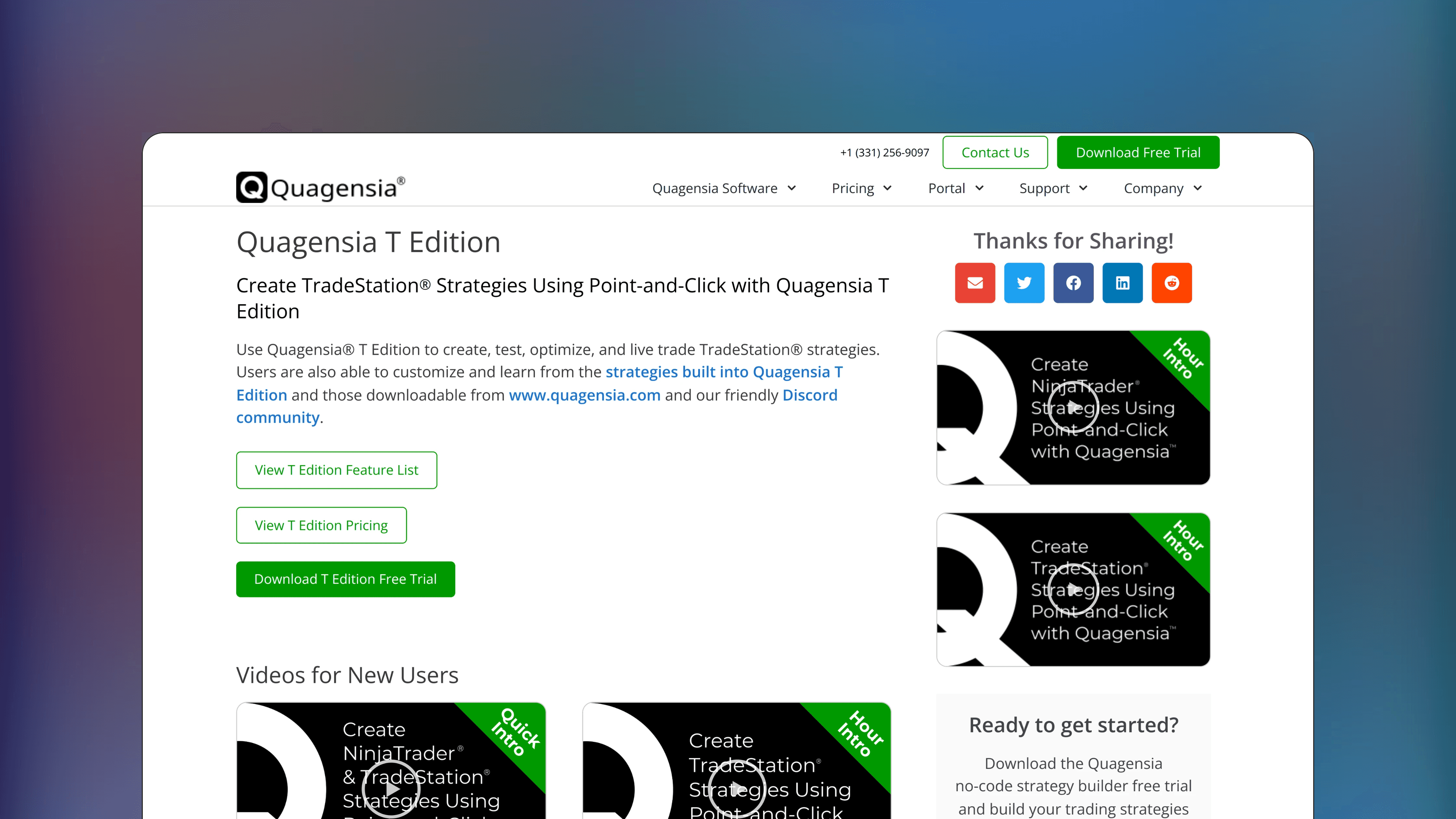 Website preview of Quagensia T Edition, trade management execution platform showing a visual interface for creating trading rules.