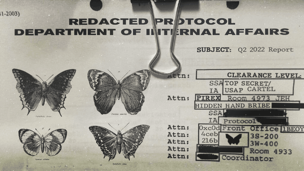 Image of marketing graphic for redacted featuring butterflies